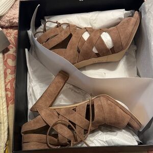 Via Spiga Tan Suede Lace-Up Heels